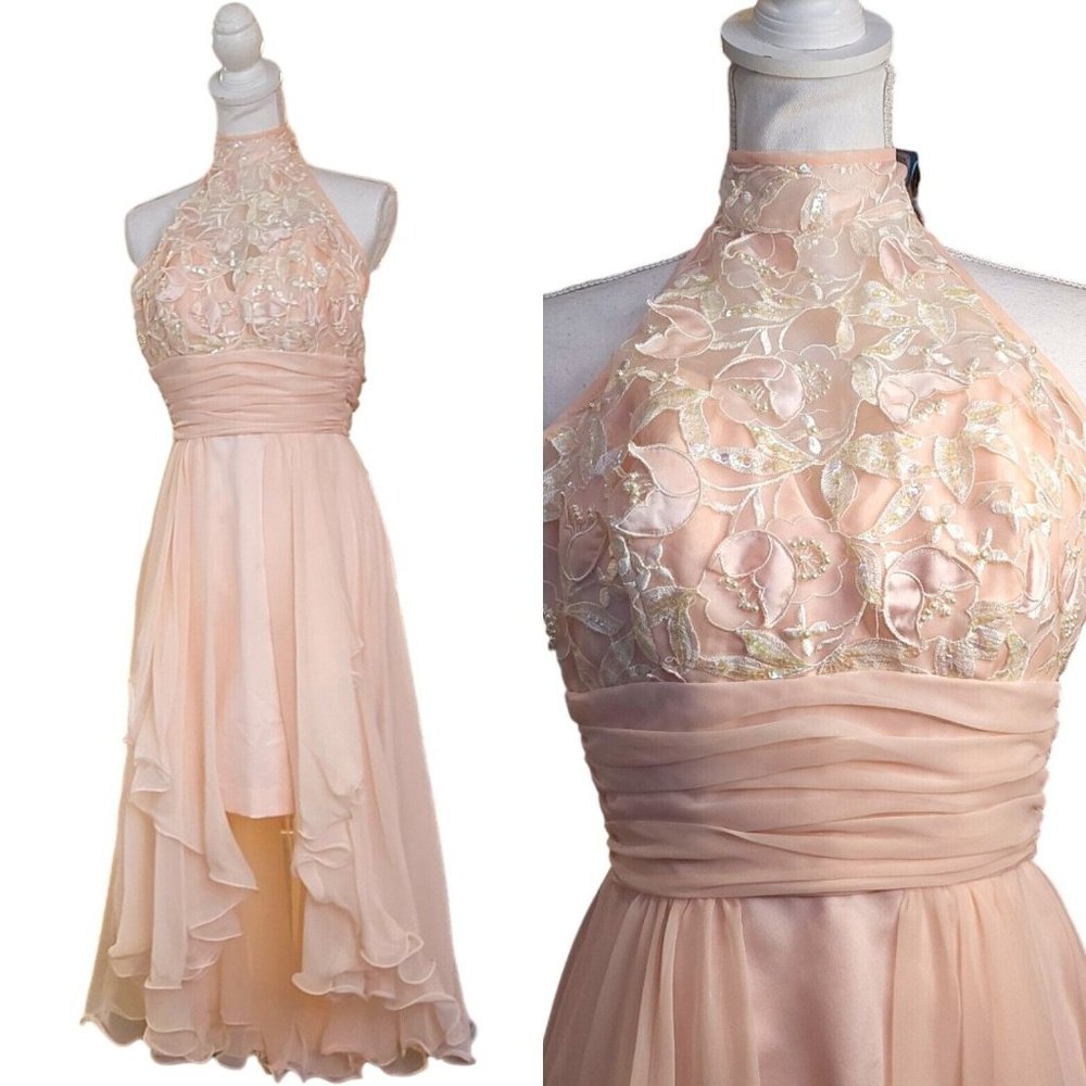 80s Vintage XS Light Pink Chiffon Flowy Pearl Beaded High Low Halter Formal